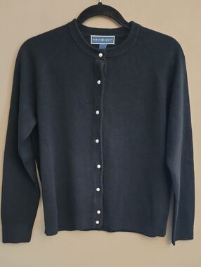 Karen Scott Black Faux Pearl-Button Crew Cardigan